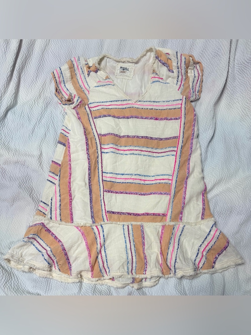 HOLDING HORSES White Striped Ruffle-Hem Mini Dress with Tan, Pink & Blue